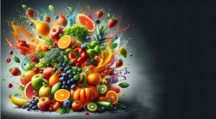 A vibrant explosion of fruits and vegetables with splashes of juice against a dark background.