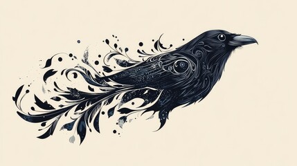 Fototapeta premium Intricate Silhouette of a Raven or Crow with Detailed Feather Patterns in Stylized Representation