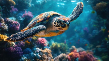 Obraz premium A turtle swimming gracefully through a coral reef
