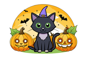 Black cat background with pumpkins and witch hat - Halloween Background illustration