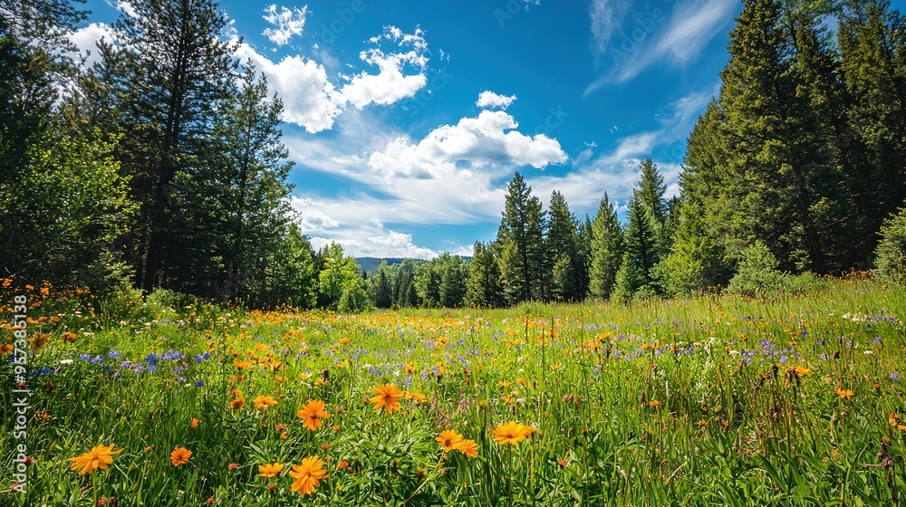 Sticker   A blue sky with wildflowers and trees surrounded by puffy clouds