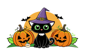 Black cat background with pumpkins and witch hat - Halloween Background illustration