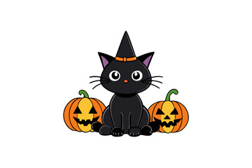 Black cat background with pumpkins and witch hat - Halloween Background illustration