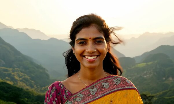 Joyful Bangladeshi Woman Smiling Against Majestic Mountain Backdrop