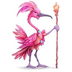 Flamingo Summoner Occupation fantasy animal cartoon isolated whitebackground