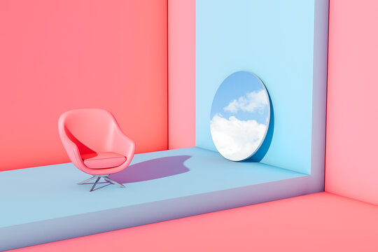 Pink and blue room with pool and chair