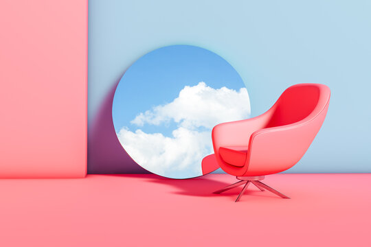 A pink and blue room with pool and chair