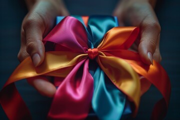 A delicate close-up of a colourful gift box with a vibrant ribbon, held tenderly between hands, capturing the essence of giving and joy.