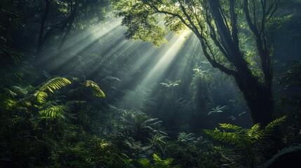 Obraz premium Dark rainforest, sun rays through the trees, rich jungle greenery 