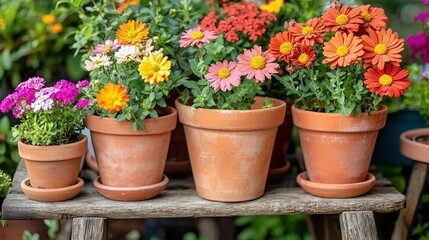   A group of potted plants arranged on a wooden table with other potted plants nearby