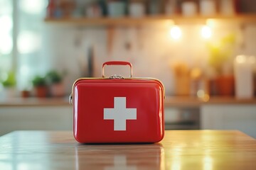 Red first aid kit sitting on table with kitchen in background