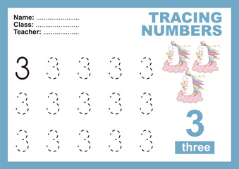 Trace and write number for children. Exercise for children to recognize the number. Educational worksheet for preschool. Vector file.