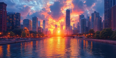 Obraz premium amazing a city skyline with a a cityscape featuring a towering skyscraper a bustling street and a serene river flowing through it png