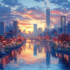 Fototapeta premium amazing a city skyline with a a cityscape featuring a towering skyscraper a bustling street and a serene river flowing through it png