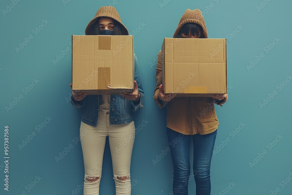 Wall mural two individuals wearing knitted hats hold cardboard boxes in front of a blue wall during a bright in