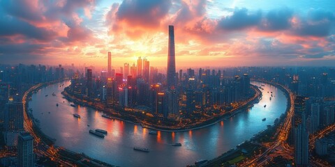 Obraz premium amazing a city skyline with a a cityscape featuring a towering skyscraper a bustling street and a serene river flowing through it png