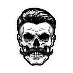 Obraz premium A strikingly detailed pop art sticker of a DJ skull adorned with a handlebar mustache and a stylish posh undercut haircut against a solid black background. Intricate Pop Art Sticker of DJ Skull with