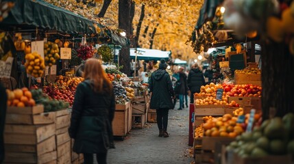 People shopping at an outdoor farmers market with fresh produce and autumn colors