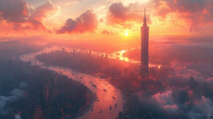 Fototapeta premium Amazing a city skyline with a a cityscape featuring a towering skyscraper a bustling street and a serene river flowing through it