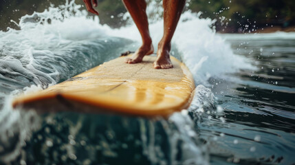 Skilled surfer balances on yellow board while riding ocean waves at sunset