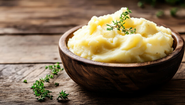 Homemade mashed potatoes in a rustic bowl on a wooden table 