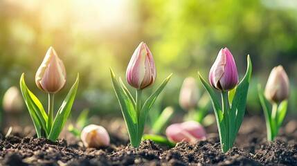 Obraz premium Sprouting tulip bulbs in early spring garden 