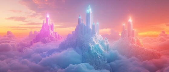Emerald Cave with a majestic white stone castle, glowing under a rainbow of light, dreamlike visuals with soft sculptures and cartoonish design, reflecting rainbow luster, 3D rendering, soft gradients