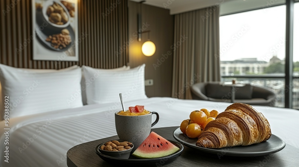 Poster   A tray with a croissant, watermelon, and a cup of coffee on a bed