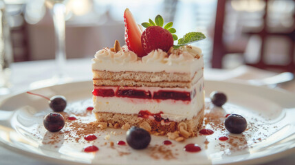 Delicious close-up of a gourmet dessert served on a luxurious cruise ship at sunset