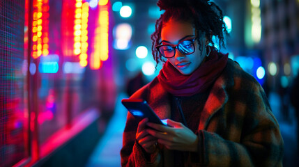 Young woman using a smartphone on a vibrant, neon-lit city street, with a modern feel and copy space, ideal for themes of technology, urban lifestyle, and digital connectivity