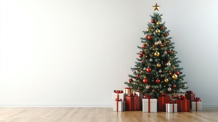 Big beautiful christmas tree decorated with beautiful shiny baubles and many different presents on wooden floor