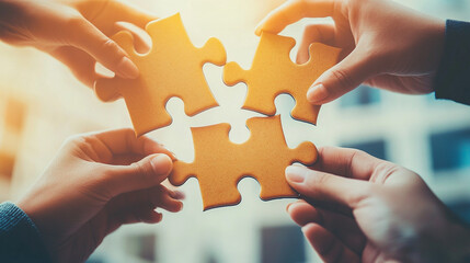 People holding jigsaw puzzle pieces, symbolizing business solutions, success, and strategy, with copy space, ideal for teamwork, problem-solving, and corporate collaboration themes