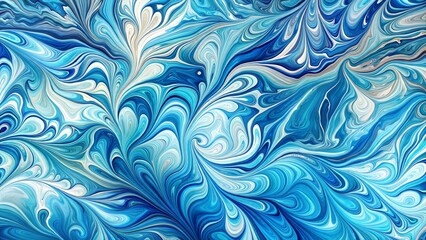 Blue Ebru Marbling Pattern with White and Turquoise Waves