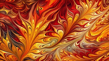 Ebru Marbling Art in Fiery Red and Yellow Swirls