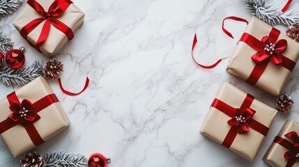 Christmas and New Year holiday background Xmas greeting card Christmas gifts on white marble background top view Flat lay