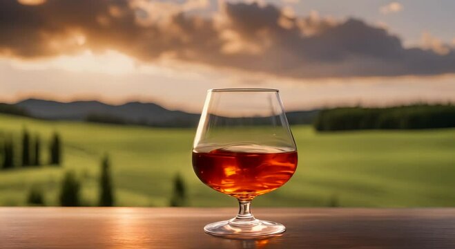 A luxurious glass of cognac with a scenic background detailed close up slow zoom 4k animation