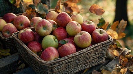   Basket of red and green apples atop wooden table near yellow and green leaves