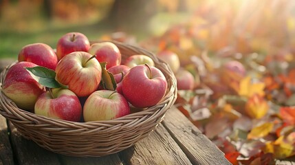   A red and green apple-filled basket sits atop a wooden table amidst a pile of leaves
