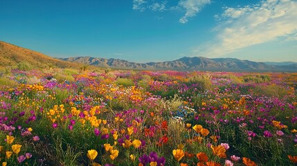 Fototapeta premium A field brimming with wildflowers against a mountainous backdrop, framed by a cloud-streaked blue sky