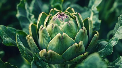 Fototapeta premium A green flower at the center of a plant with leaves surrounding it