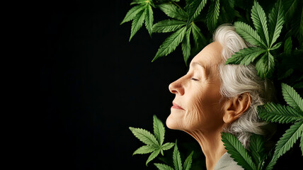 Senior woman with a peaceful expression surrounded by cannabis, emphasizing the role of marijuana in elder care, Medical cannabis, Herbal healing