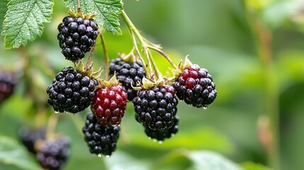  A blackberry bush adorned with lush, emerald foliage bore succulent berries dotted with glistening dew The juicy fruits were ripe and ri