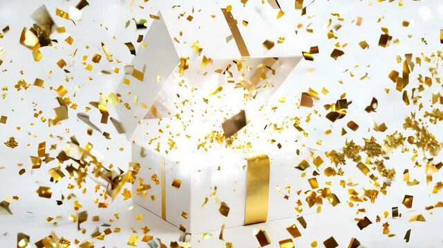 An open gift box mockup with some gold ribbons flying around on the white background.