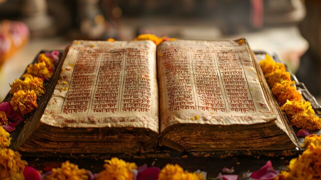 Ancient Sanskrit Manuscript with Marigold Flowers