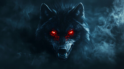 A stern looking looking black wolf with glowing red eyes. header banner template. sharp teeth. sharp fangs, black background, smokey ambience with copy space for text. Wolf. Illustration