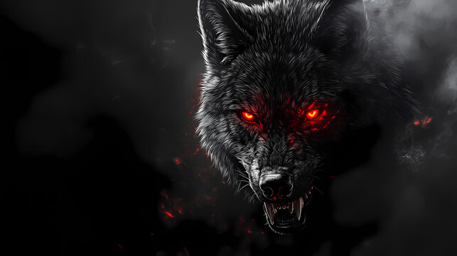 A stern looking looking black wolf with glowing red eyes. header banner template. sharp teeth. sharp fangs, black background, smokey ambience with copy space for text. Wolf. Illustration