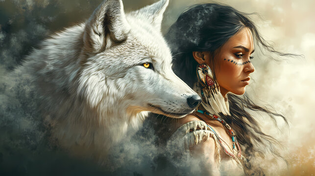Beautiful wild native american woman with white wolf. Wolf. Illustration