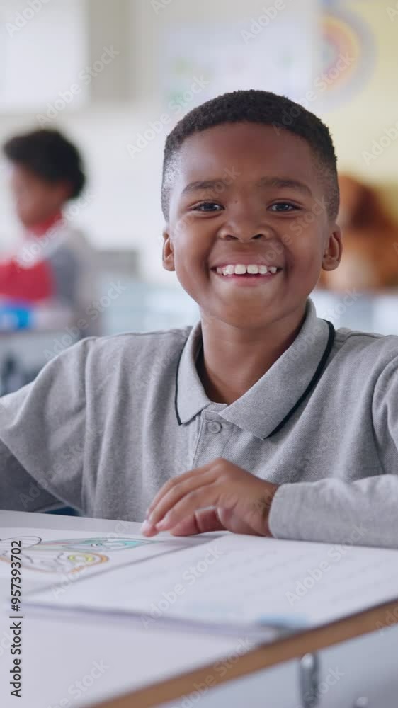 Poster boy, color and art at school with face, education and smile for creativity with progress for scholar
