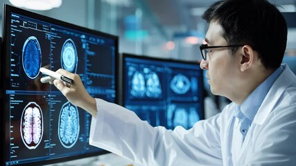 Asian professionals wearing white coats and glasses working in a laboratory environment.
