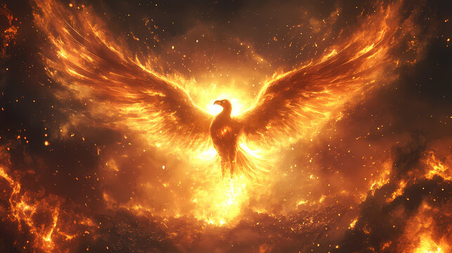 Majestic phoenix rising from ashes in fiery explosion. Phoenix. Illustration